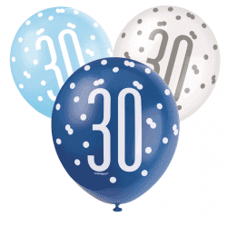 pack of 6 blue and white 30th birthday latex balloons from cardiff balloons