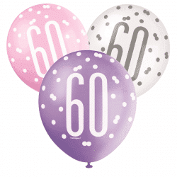 pack of 6 pink and white 60th birthday latex balloons from cardiff balloons
